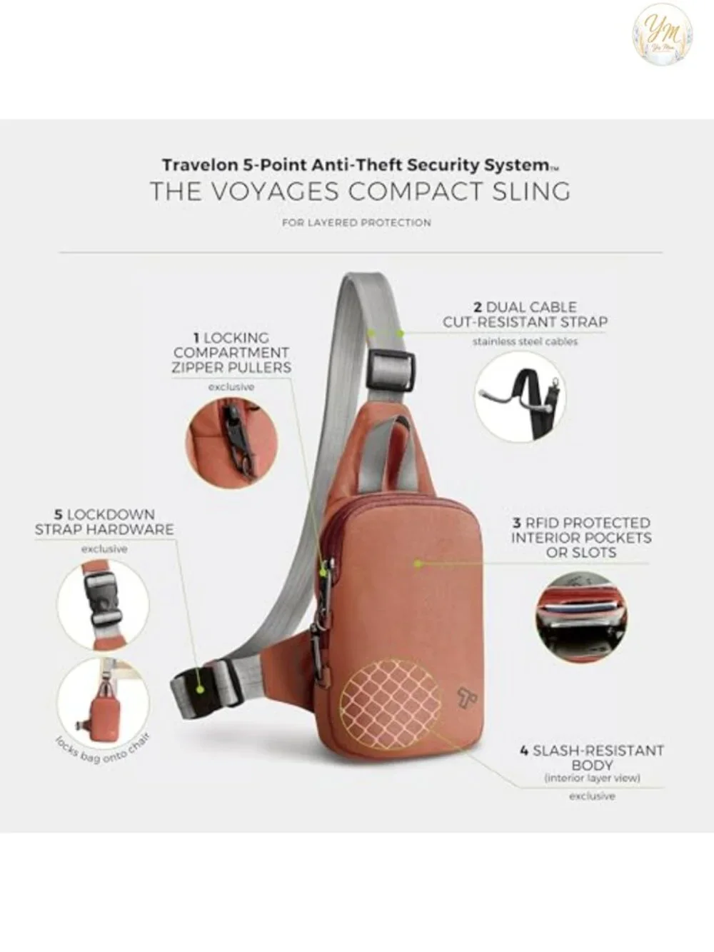 Anti-Theft Compact Sling Bag with RFID Blocking, Adjustable Strap
